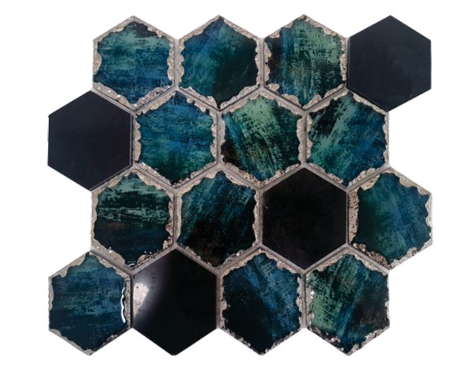 METALLIC BLUE GLASS & GREY STONE HEXAGON DECORATIVE MOSAIC