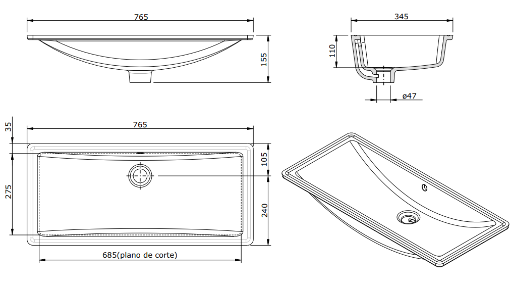 AGRES UNDER COUNTER BASIN 770x350x160MM