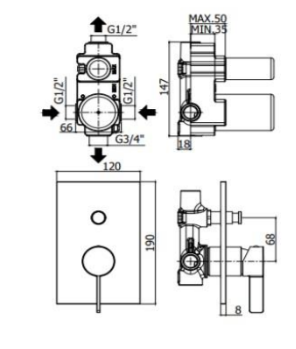 ROCK CONCEALED SHOWER MIXER WITH DIVERTER CHROME