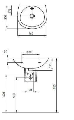 DREAM WALL HUNG BASIN WITH HALF PEDESTAL 460x370x175MM