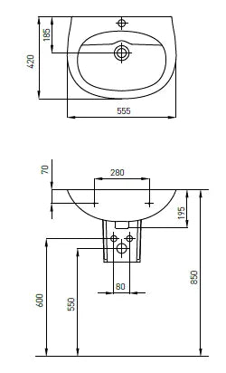 DREAM WALL HUNG BASIN WITH HALF PEDESTAL 555x420x185MM