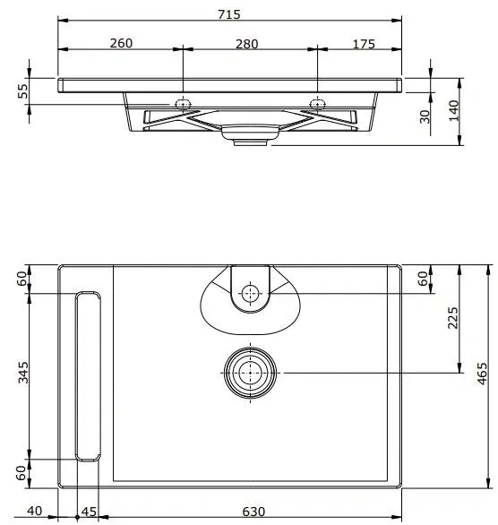 CLEAN WALL HUNG/FURNITURE BASIN WITH TOWEL RAIL 715x465x90MM