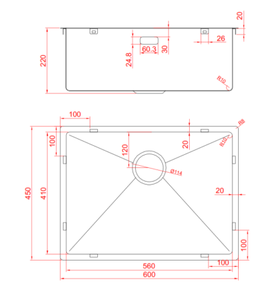 BRUSHED GUNMETAL BLACK UNDERMOUNT KITCHEN SINK 60x45x22CM