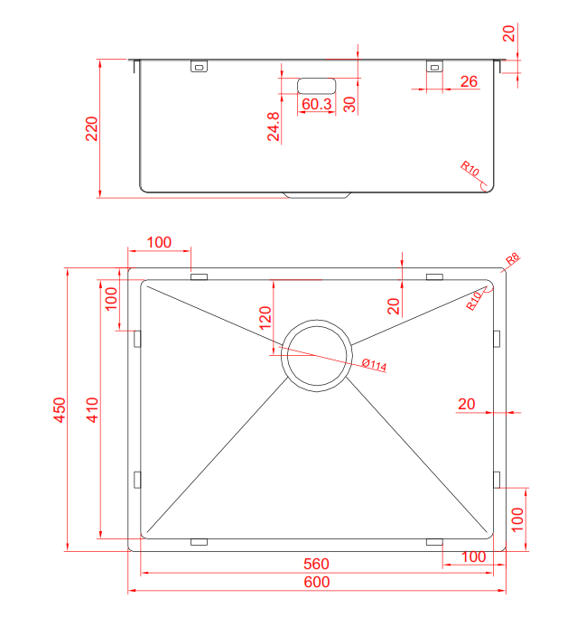 BRUSHED STEEL UNDERMOUNT KITCHEN SINK 60x45x22CM