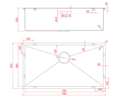 BRUSHED STEEL UNDERMOUNT KITCHEN SINK 78x43x22CM