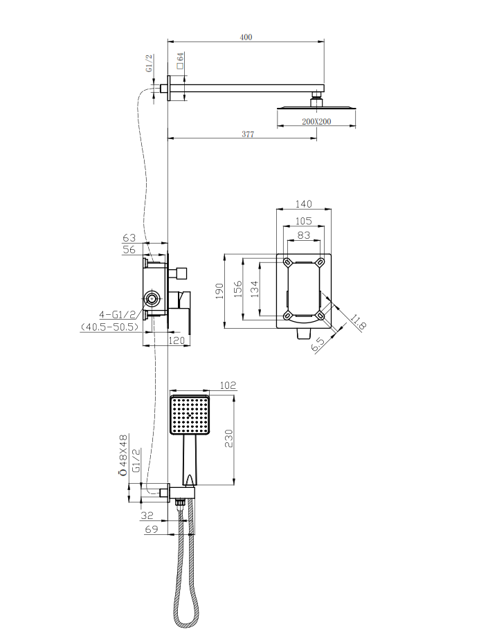 SQUARE CONCEALED SINGLE LEVER COMPLETE BATH/SHOWER MIXER